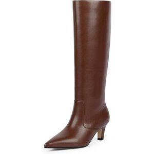 Women's Brown Pu Pointed Toe Kitten Low Heel Faux Leather Fall Long Boots